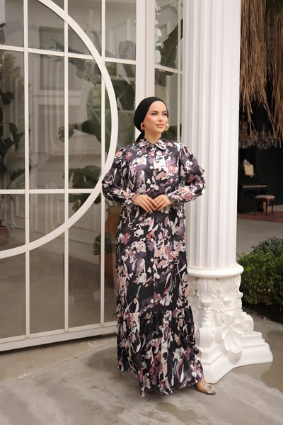 Modest Patterned Satin Full-Length Buttoned Shirt Collar Dress - Black