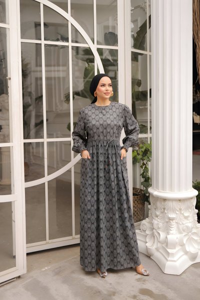 Modest Ethnic Pattern Elasticated-Waist Dress - Black