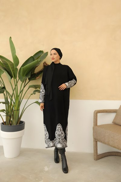 Modest Ethnic Patterned Ribbed Knit Premium Dress - Black