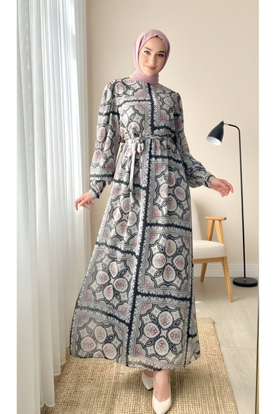 Square Patterned Chiffon Cuffed-Sleeve Modest Dress - Black