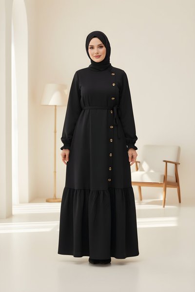 Wrap Modest Knitted Side-Buttoned Dress - Black