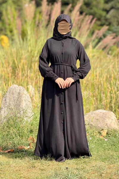 Siyah Reglan Kollu Örme Kaplama Düğmeli Ferace