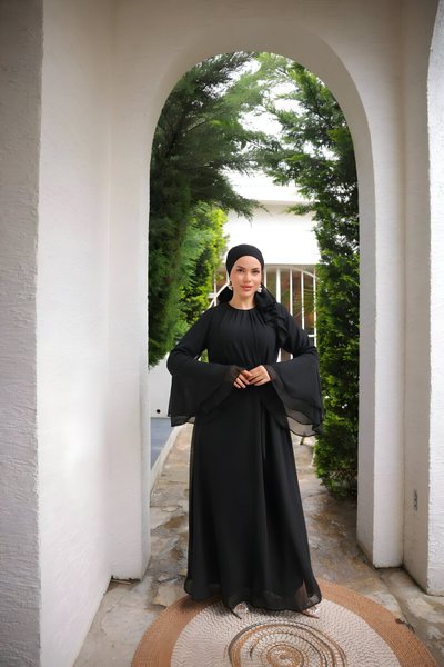 Modest Chiffon Lined Dress - Black