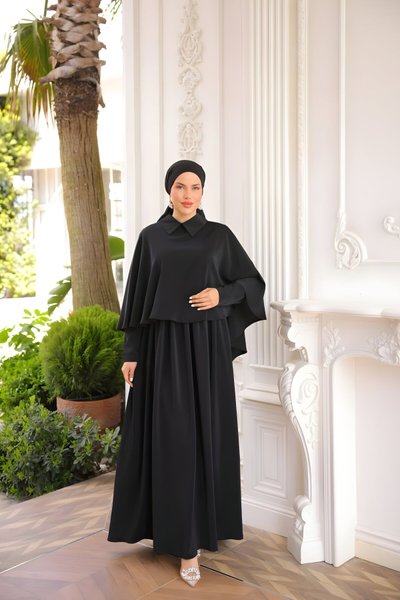 Caped Collared Modest Dress - Black