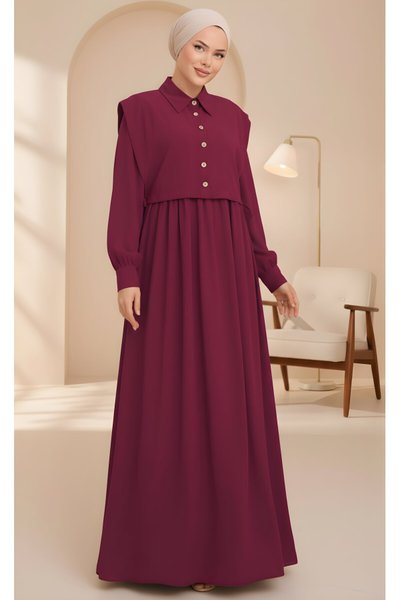 Modest Medina Silk Apron-Front Dress - Maroon