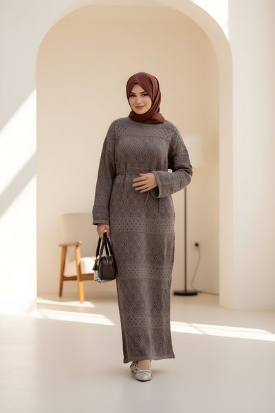 Authentic Long Sleeve Patterned Knit Modest Dress With Inner Slip - Taupe