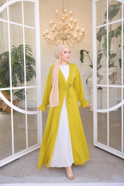 Yağ Yeşili Garnili Kuşaklı Ferace