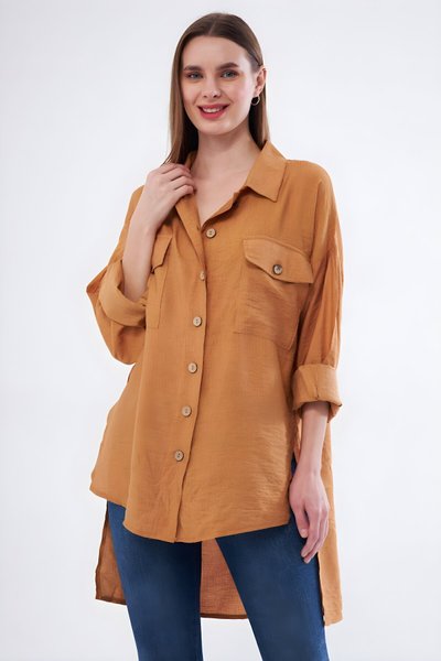 Oversize High-Low Linen Pleated-Sleeve Tunic Shirt - Beige