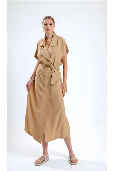 Long Oversized Linen Short-Sleeved Jacket Dress - Beige
