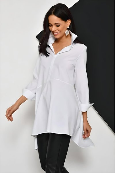 Long Asymmetric Terry Cotton Tunic Shirt - White/Orange