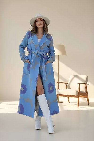 Buz Mavi Digital Baskı Uzun Bol Kalıp Kemerli Astarlı Kaşe Kaban