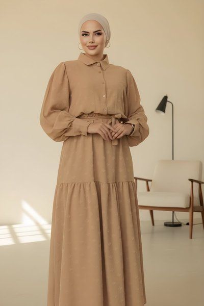 Long Plus Size Aerobin Balloon Sleeve Modest Dress - Camel