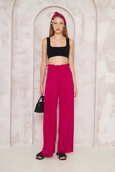 High-Waisted Wide Leg Crinkle Textured Elasticated Waist Pants - Fuchsia