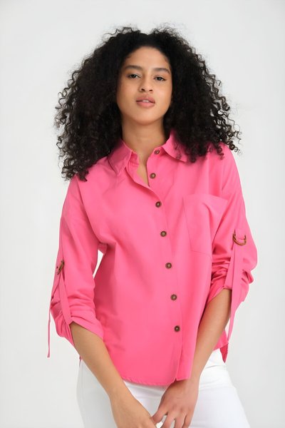 Loose Fit Long-Sleeve Buckle Detail Shirt - Fuchsia Pink