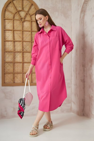 Oversize Midi Poplin Pocketed Long Sleeve Shirt Dress - Fuchsia Pink