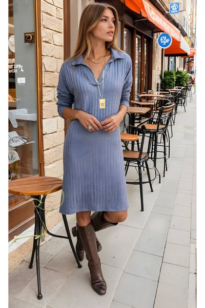 Oversize Midi Casual Ribbed Knit Long Sleeve Polo Collar Dress - Gray