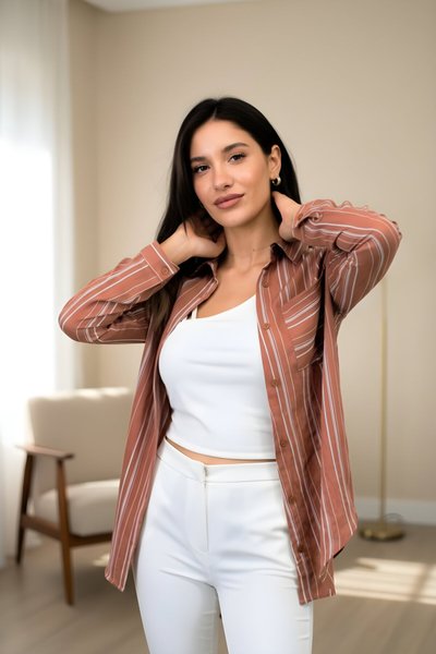 Basic High-Low Hem Vertical Striped Single Pocket Shirt - Dusty Pink