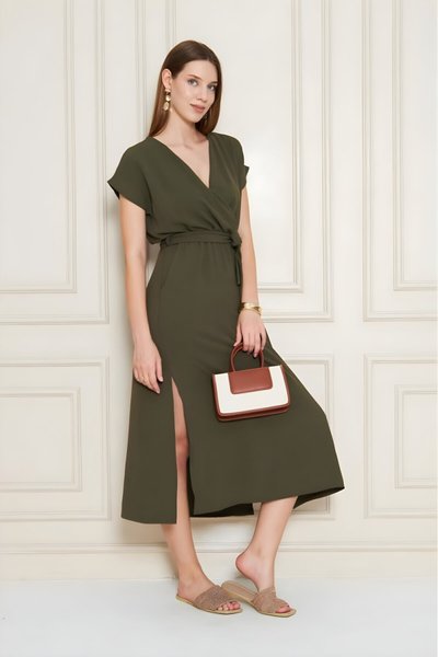 Midi Summer Aerobin Elastic Waist Wrap Neck Dress - Khaki