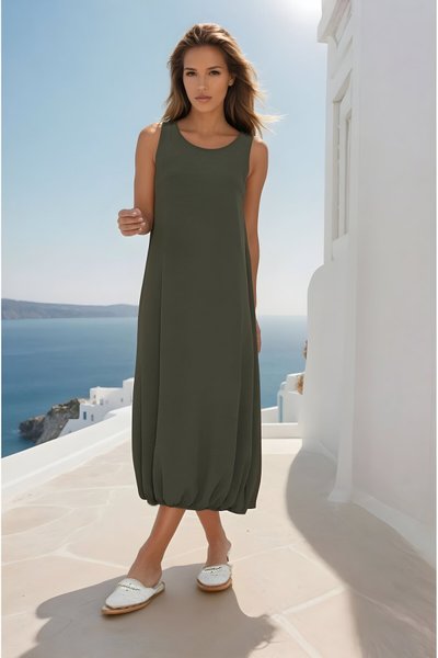 Midi Relaxed Summer Airobin Elasticized Skirt Dress - Khaki