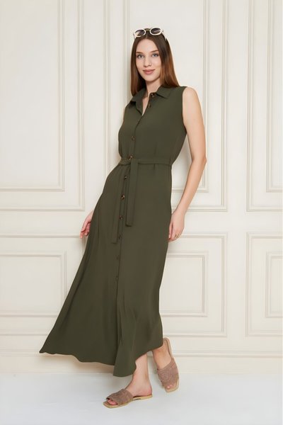 Long Aerobin Belted Shirt Collar Dress - Khaki