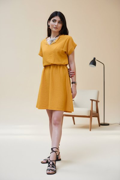 Mini Relaxed Linen Gathered Waist Button-Collar Dress - Mustard