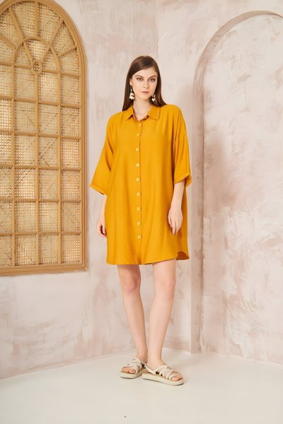 Mini Loose Linen Roll-Up Sleeve Shirt Dress - Mustard