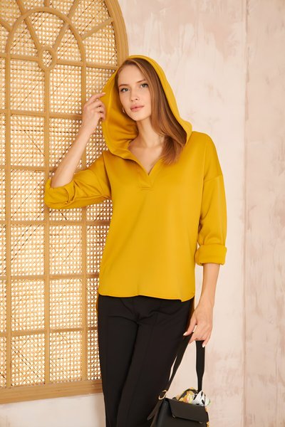 Oversized Relaxed Fit Long Back Scuba Hooded Hoodie - Mustard