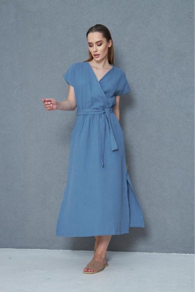 Long Loose Wrap Muslin Belted Slit Dress - Indigo