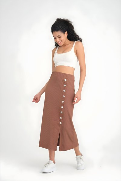 Long Elastic Waist Lycra Ribbed Knit Button Detailed Slit Skirt - Brown