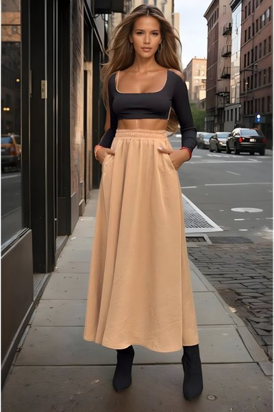 Long Relaxed A-Line Cupro Elastic High-Waist Skirt - Caramel