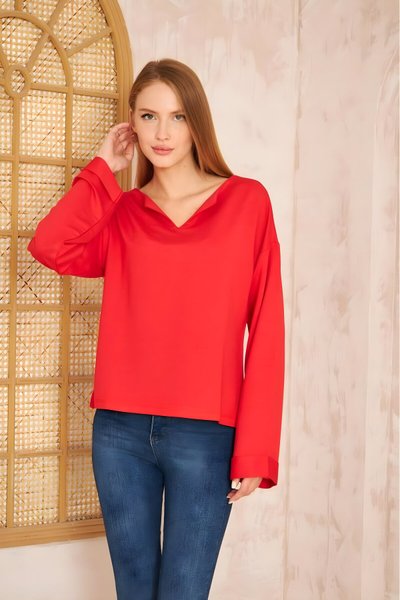 Extra Long Slouchy Slit-Neck Double-Cuff Sweatshirt - Red