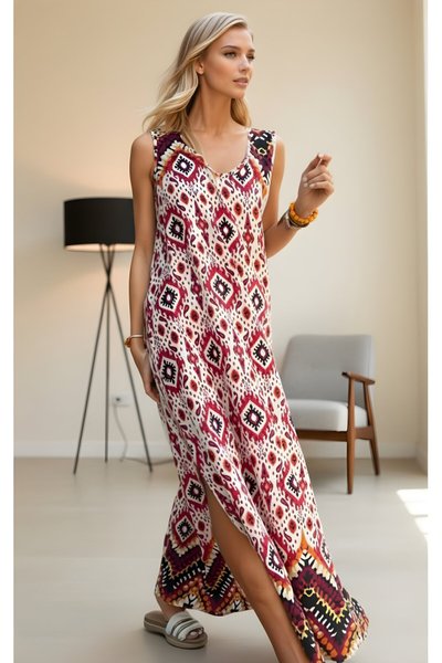 Long Loose Bohemian Ethnic Patterned Thick-Strapped Dress - Red