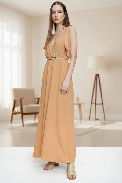 Long Wrap Dress with Woven Bust and Buckle Detail - Dark Beige