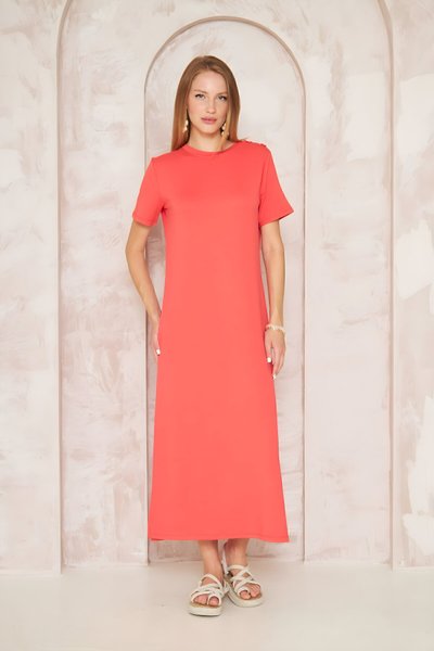 Long Basic Short-Sleeved Shoulder-Buttoned Dress - Coral