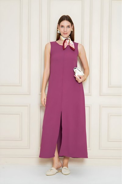 Long A-Line Summer Aerobin Sleeveless Slit Dress - Plum