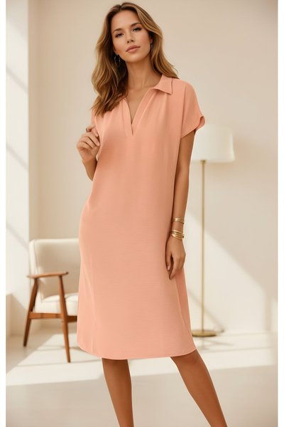 Loose Fit Short-Sleeved Midi Polo-Collared Dress - Dusty Pink