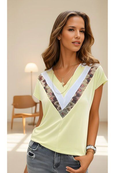 Short-Sleeved Anti-Sweat V-Neck T-Shirt Blouse - Yellow