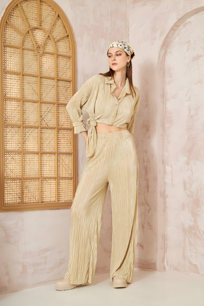Loose Fit Pleated Crinkled Tunic and Trousers Set - Yellow