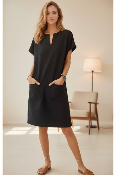 Midi Summer Special Textured Pocketed Dress - Black
