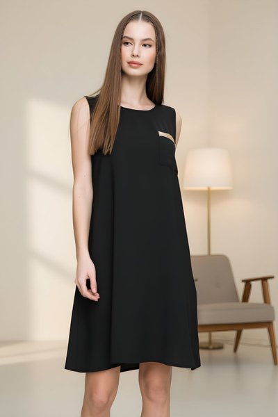 Mini A-Line Short Sleeve Dress with Woven Pockets - Black