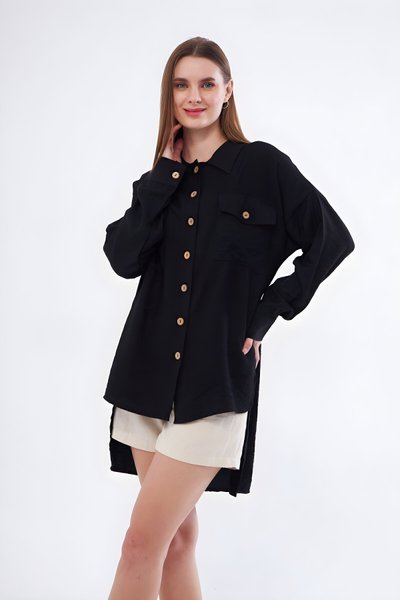 Oversize High-Low Linen Pleated-Sleeve Tunic Shirt - Black
