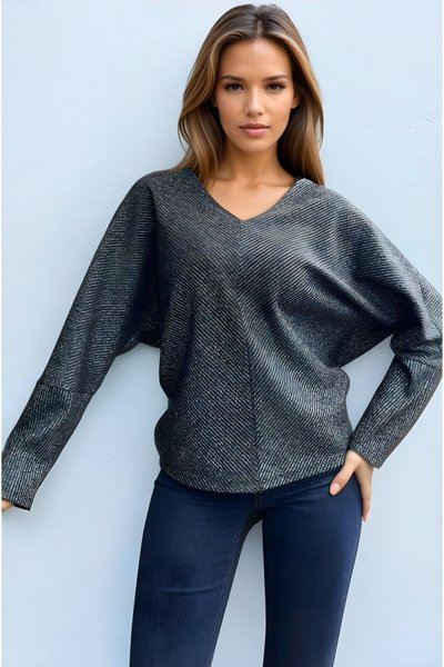 Relaxed Fit Shimmery Knit V-Neck Batwing Sleeve Blouse - Black