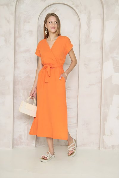 Long Relaxed Fit Wrap Cotton Muslin Dress - Orange