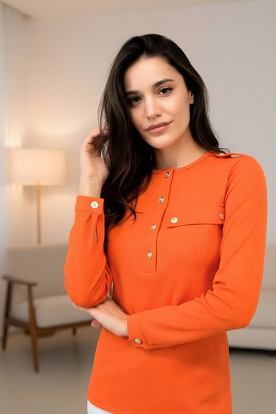 Long-Sleeved Ribbed Knit Epaulet Half-Placket Blouse - Orange