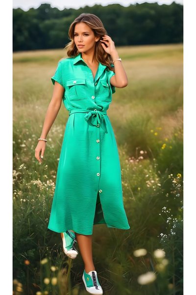 Midi Long Safari Summer Buttoned Belted Shirt Dress - Green