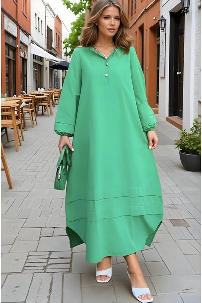 Loose Fit Long Sleeve Poplin Mandarin Collar Pleat Detail Dress - Green
