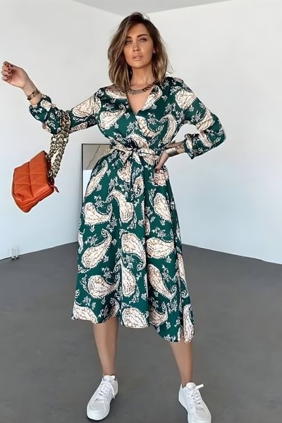 Midi Flared Satin Long Sleeve Wrap Neck Belted Dress - Emerald