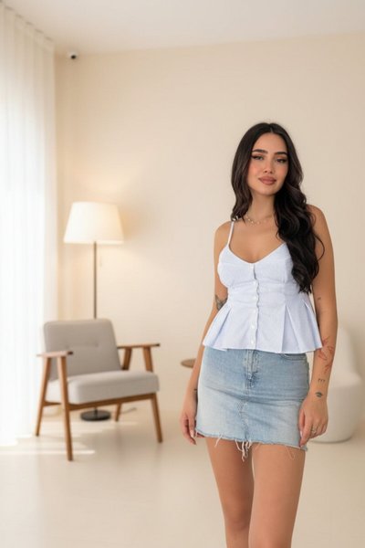 Crop Strappy Cutout Detail Blouse - Light Blue