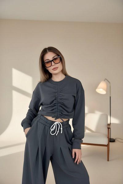 Long Sleeve Drawstring Front Cropped Pants Set - Anthracite