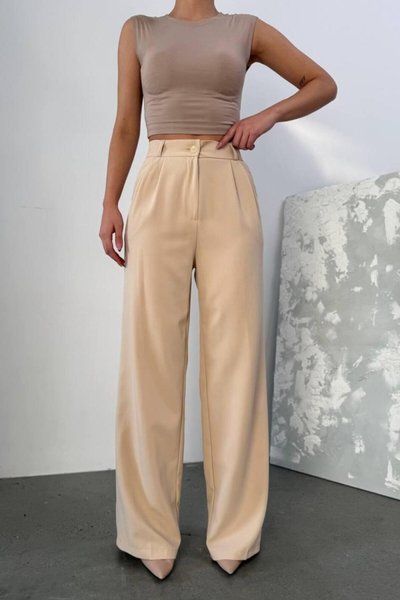 بنطلون بالازو قماش دابل بيج بخصر مطاطي